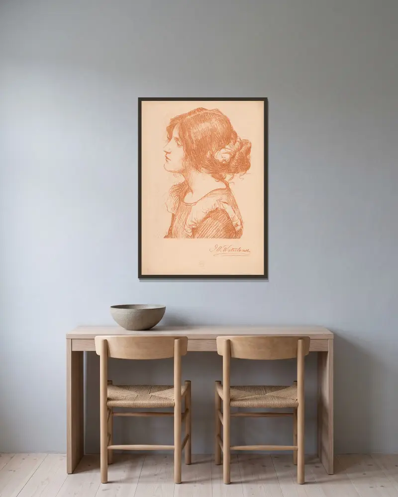 Kvinnohuvud av John William Waterhouse inramad på en vägg