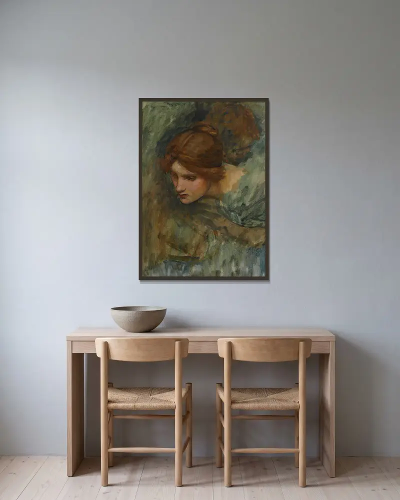 Förstudie till Venus huvud i Adonis uppvaknande av John William Waterhouse inramad på en vägg
