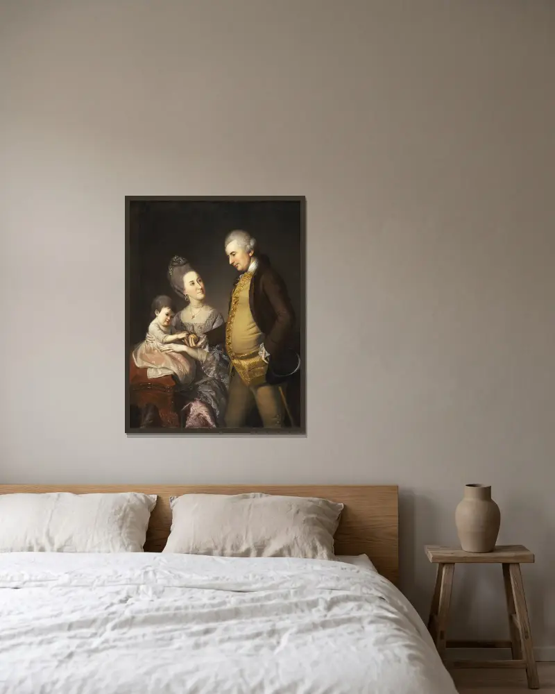Porträtt av John och Elizabeth Lloyd Cadwalader och deras dotter Anne av Charles Willson Peale inramad på en vägg