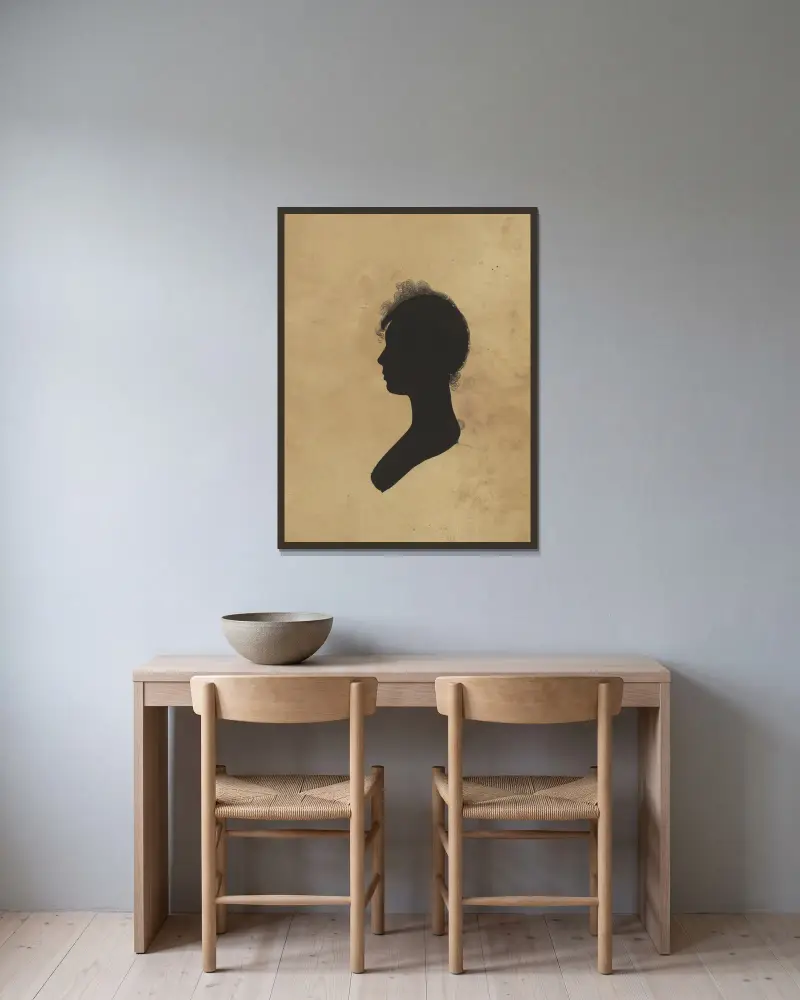 Silhouette einer Frau im Profil nach links, Nr. 1 von Charles Willson Peale gerahmt an einer Wand