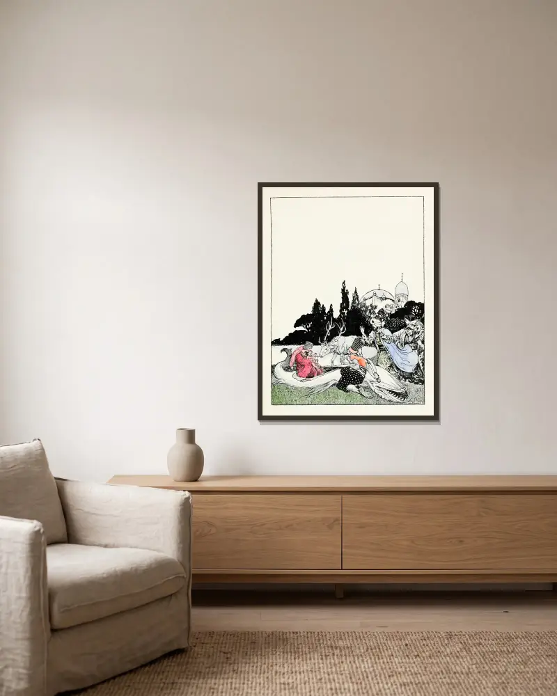 Vierundvierzig türkische Märchen, Tafel 3 von Willy Pogany gerahmt an einer Wand