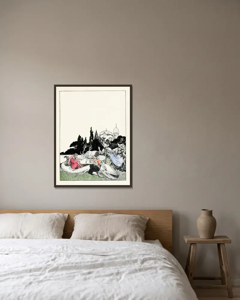 Vierundvierzig türkische Märchen, Tafel 3 von Willy Pogany gerahmt an einer Wand