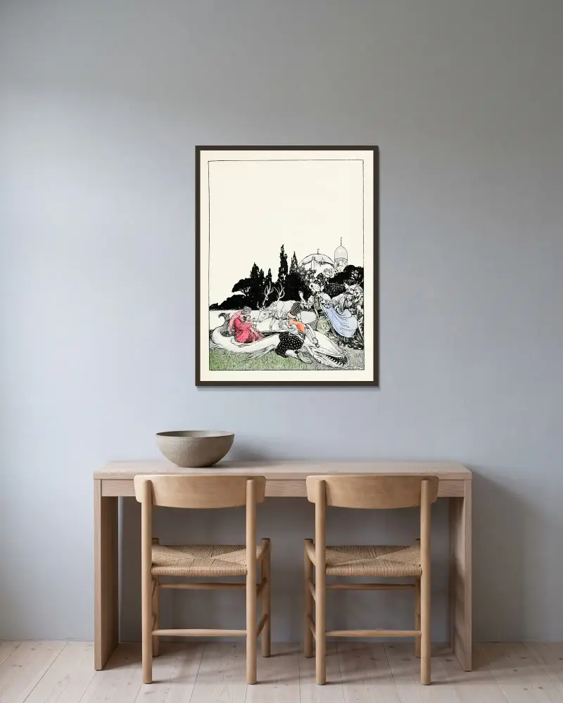 Vierundvierzig türkische Märchen, Tafel 3 von Willy Pogany gerahmt an einer Wand