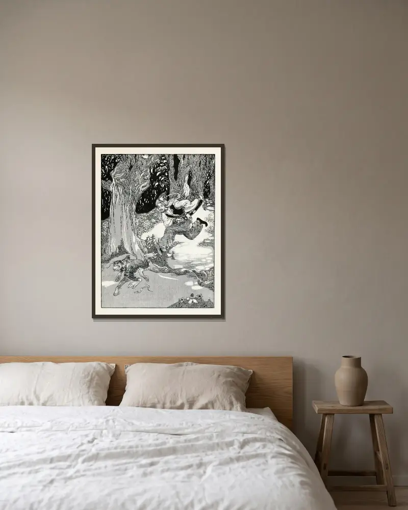 Fyrtiofyra turkiska sagor, plansch 28 av Willy Pogany inramad på en vägg