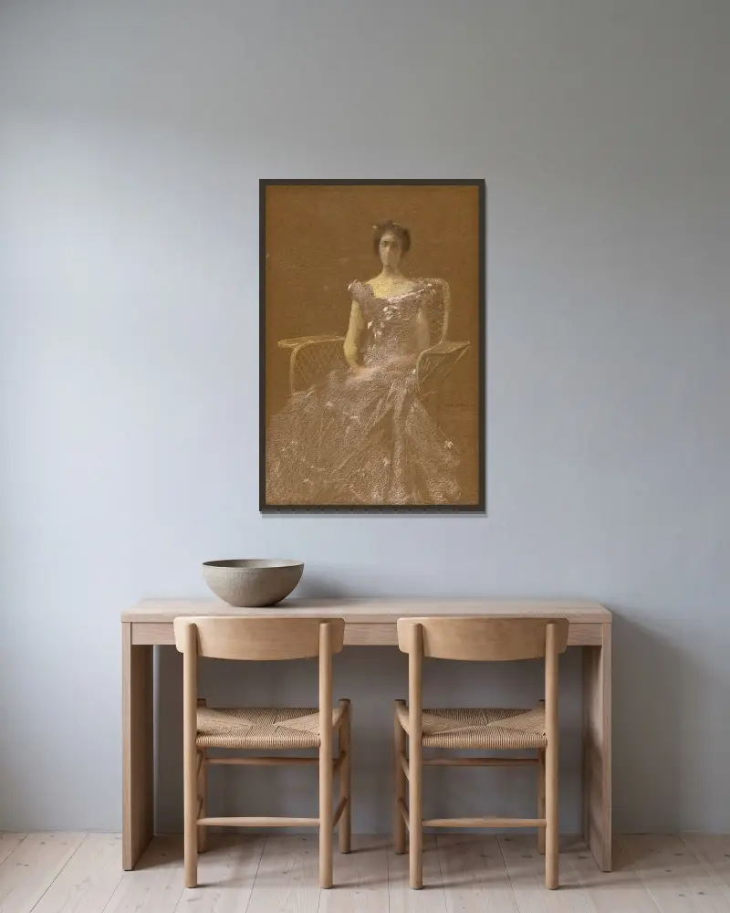 Lady in Rattan Armchair av Thomas Wilmer Dewing inramad på en vägg