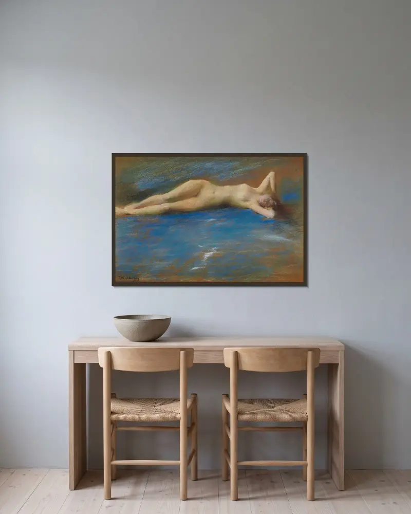 Liggande kvinnlig naken figur av Thomas Wilmer Dewing inramad på en vägg