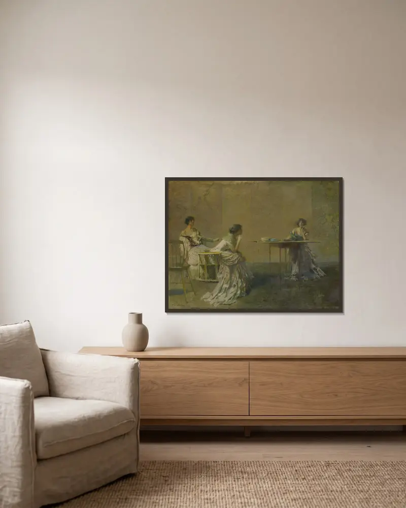 The Gossip av Thomas Wilmer Dewing inramad på en vägg