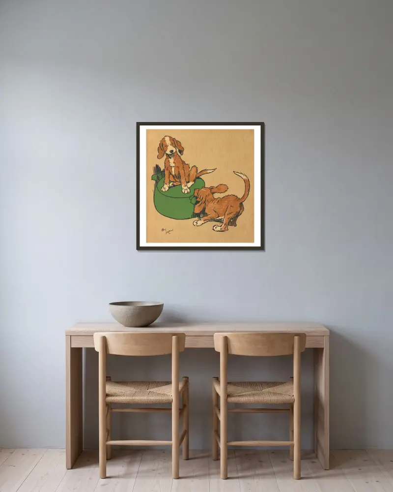 Ein Streit um den Fußschemel von Cecil Charles Windsor Aldin gerahmt an einer Wand