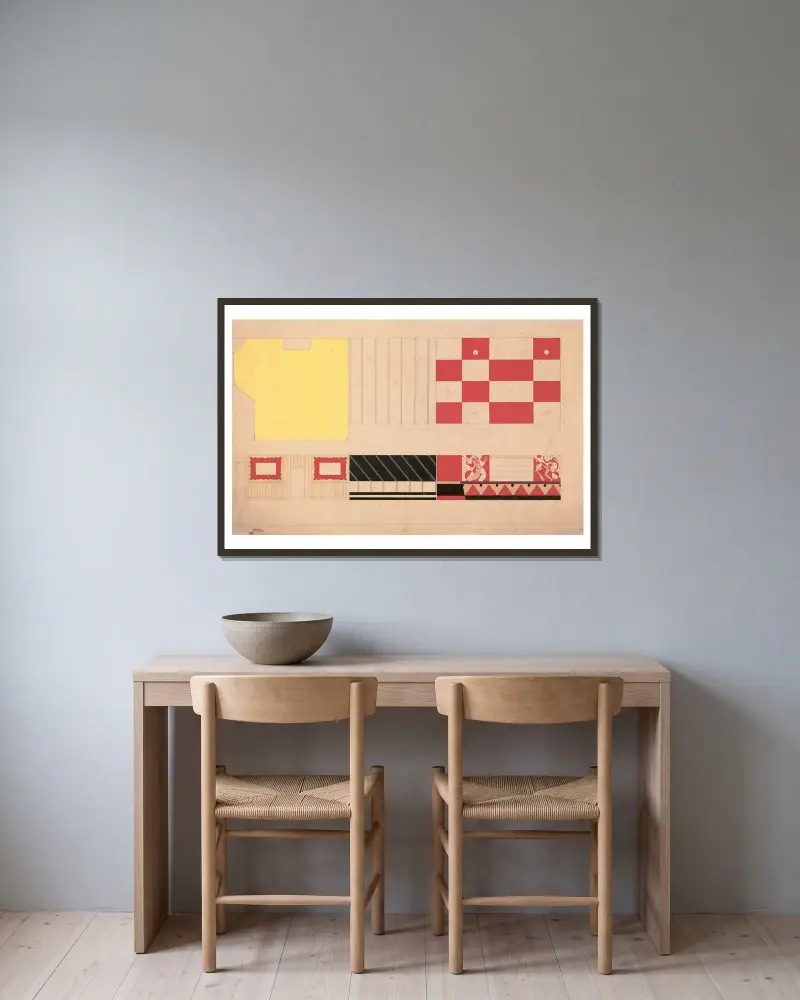 Design for dčor of restaurant, 56 East 56th St, New York, NY.] [Drawing of suggested dčor for restaurant with color elevation and murals av Winold Reiss inramad på en vägg