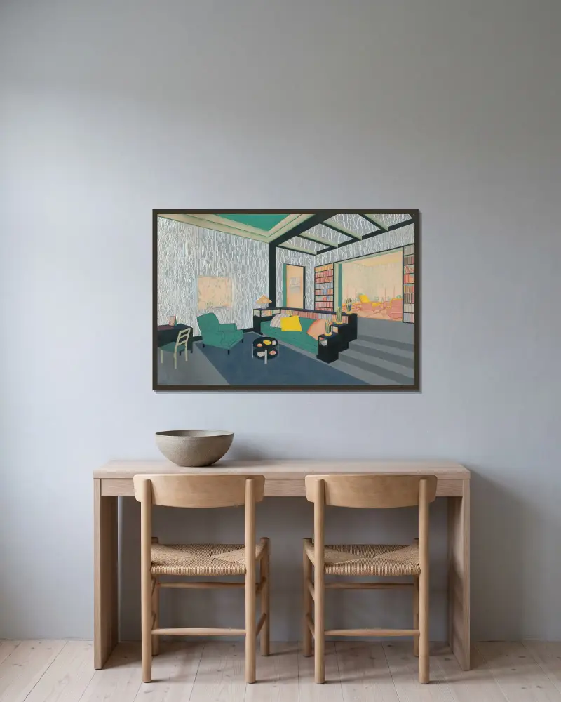 Annonsdesign för Orinoka-tyger av Winold Reiss inramad på en vägg