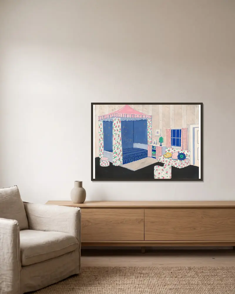 Entwurf für ein nicht identifiziertes Schlafzimmer mit Himmelbett (Innenraumperspektive) von Winold Reiss gerahmt an einer Wand