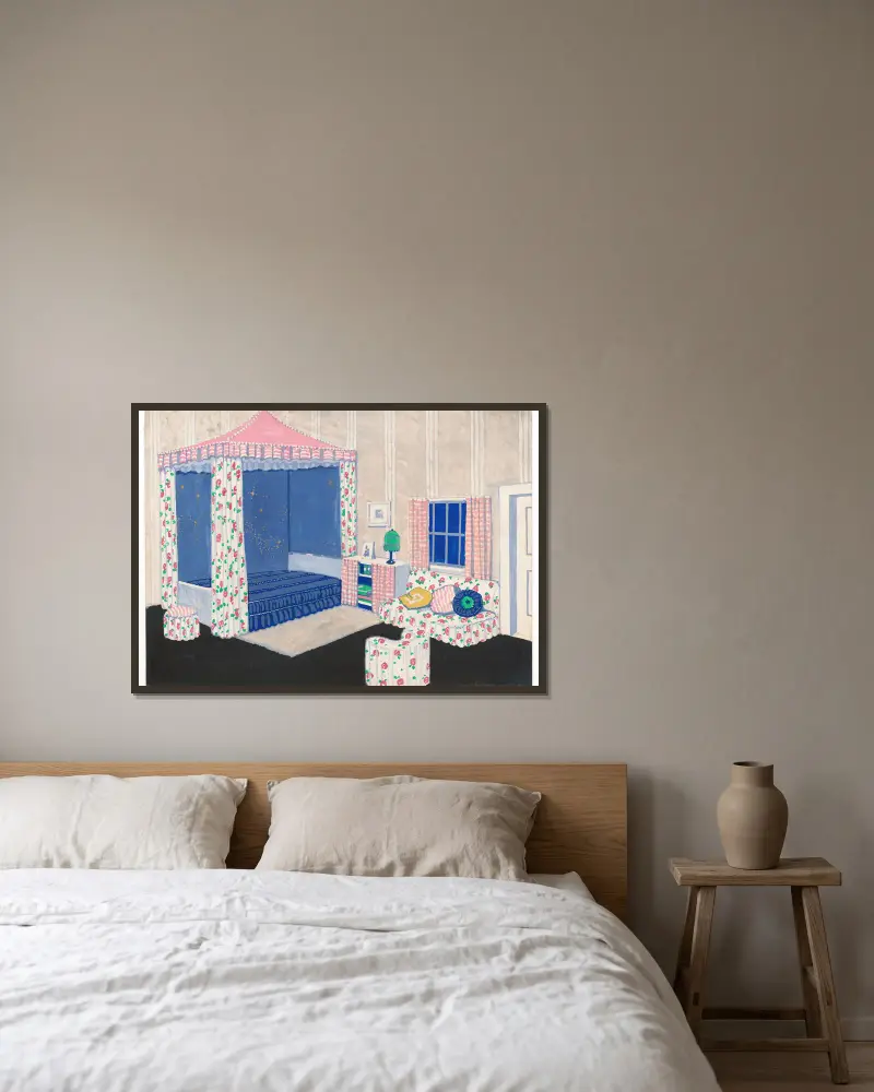 Entwurf für ein nicht identifiziertes Schlafzimmer mit Himmelbett (Innenraumperspektive) von Winold Reiss gerahmt an einer Wand