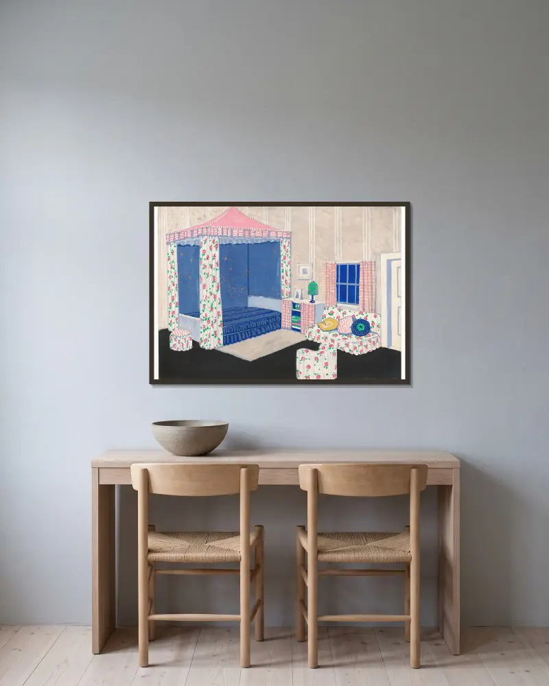 Entwurf für ein nicht identifiziertes Schlafzimmer mit Himmelbett (Innenraumperspektive) von Winold Reiss gerahmt an einer Wand