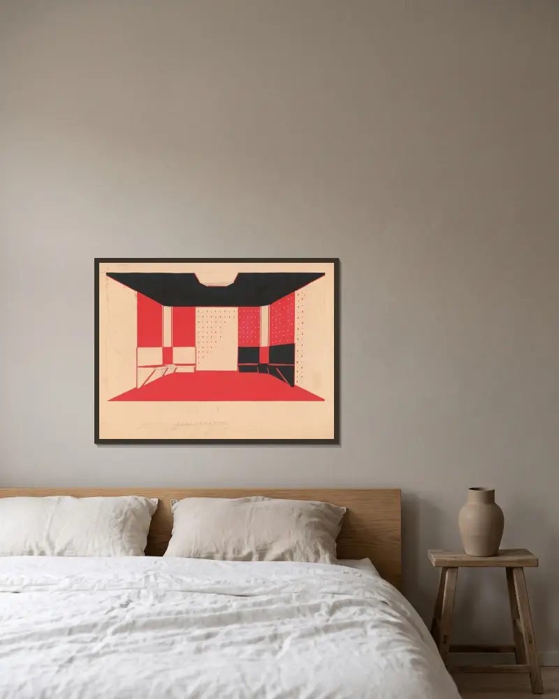 Design for unidentified building ‘Small Dining Room’.] [Drawing of dining room with benches, in black, vermillion and white, bilaterally positive and negative coloring av Winold Reiss inramad på en vägg