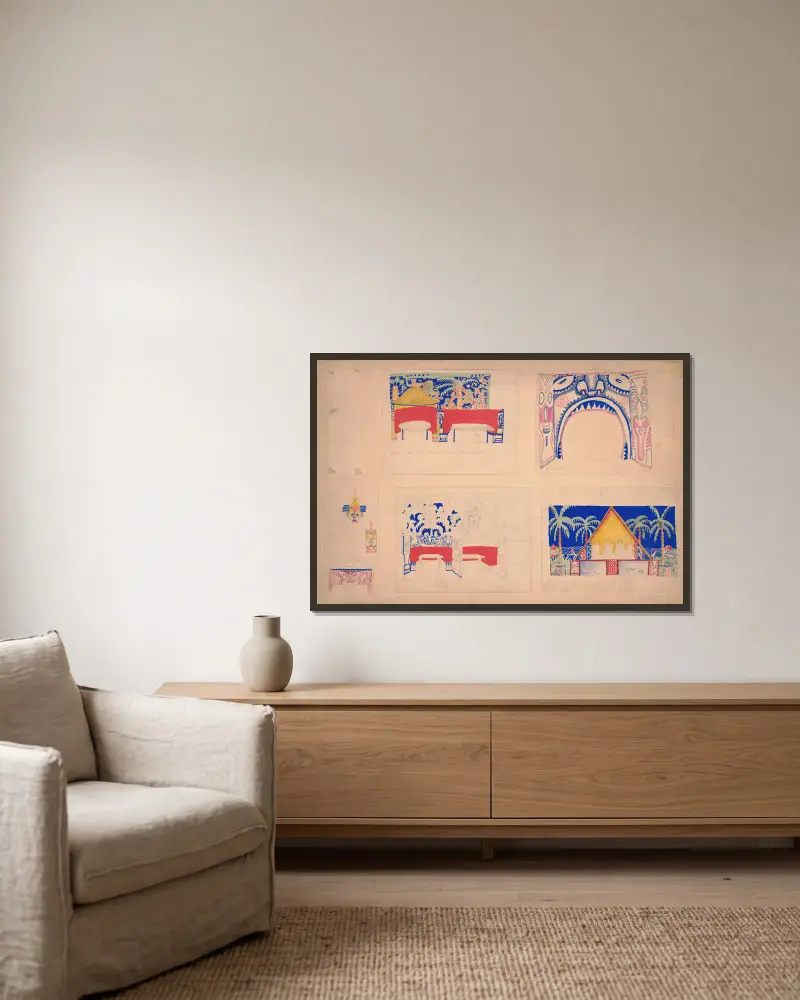 Entwürfe für den Congo Room des Alamac Hotel, 71st und Broadway, New York, NY – Sechs Farbstudien zu Interieur, Möbeln und Wandmalereien von Winold Reiss gerahmt an einer Wand