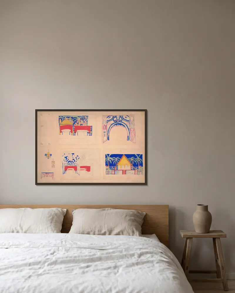 Entwürfe für den Congo Room des Alamac Hotel, 71st und Broadway, New York, NY – Sechs Farbstudien zu Interieur, Möbeln und Wandmalereien von Winold Reiss gerahmt an einer Wand