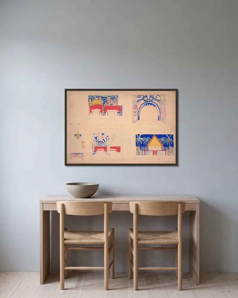 Entwürfe für den Congo Room des Alamac Hotel, 71st und Broadway, New York, NY – Sechs Farbstudien zu Interieur, Möbeln und Wandmalereien von Winold Reiss gerahmt an einer Wand