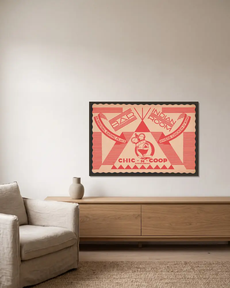 Förslag till Indian Room, Chic-n-Coop Restaurant, Montreal, Kanada. Design av bordsunderlägg med kycklingfigur med krona av Winold Reiss inramad på en vägg