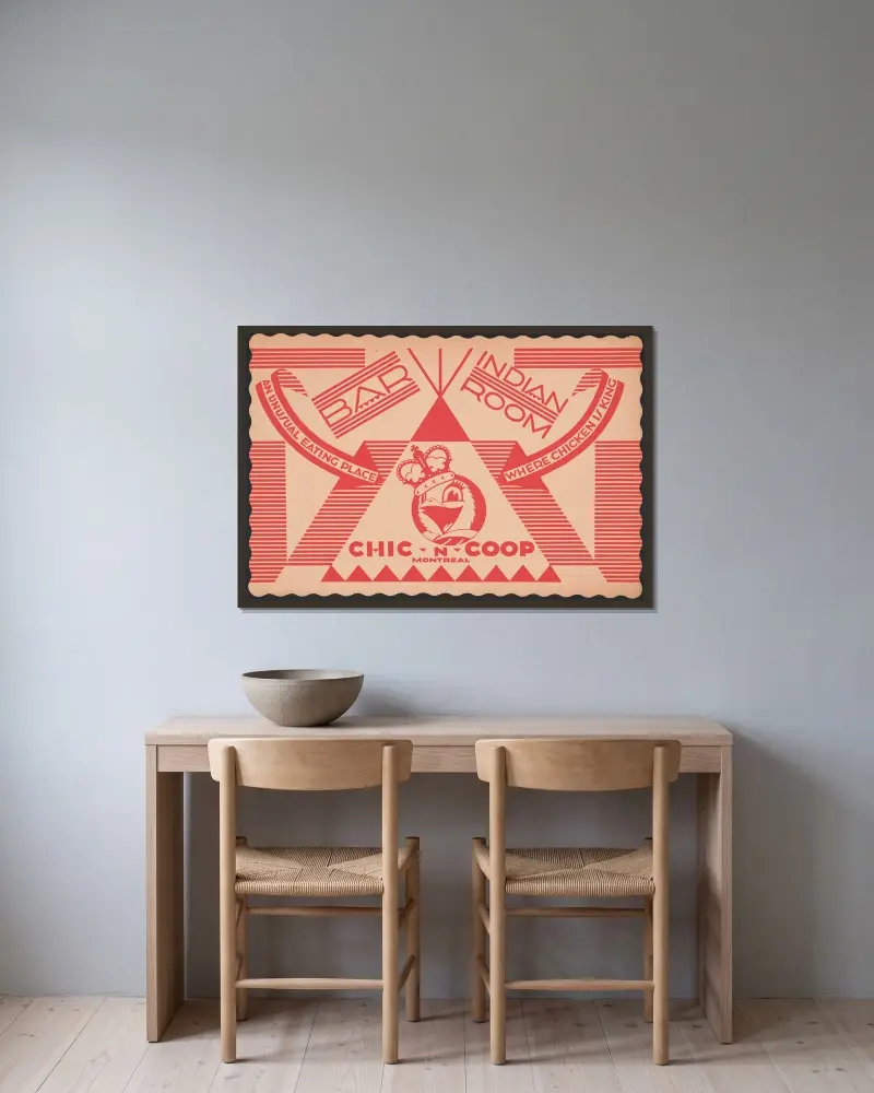 Förslag till Indian Room, Chic-n-Coop Restaurant, Montreal, Kanada. Design av bordsunderlägg med kycklingfigur med krona av Winold Reiss inramad på en vägg