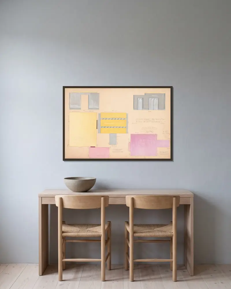 Entwürfe für eine moderne Hotelsuite, Du Pont Biltmore Hotel, Wilmington, Delaware – Farbkarte für Suite 210 von Winold Reiss gerahmt an einer Wand