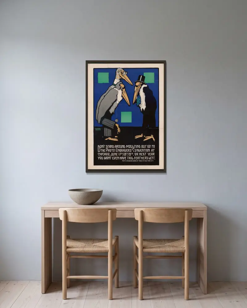 Graphic design for Photo Engravers Convention, Chicago.] [Poster featuring cartoon-like storks av Winold Reiss inramad på en vägg