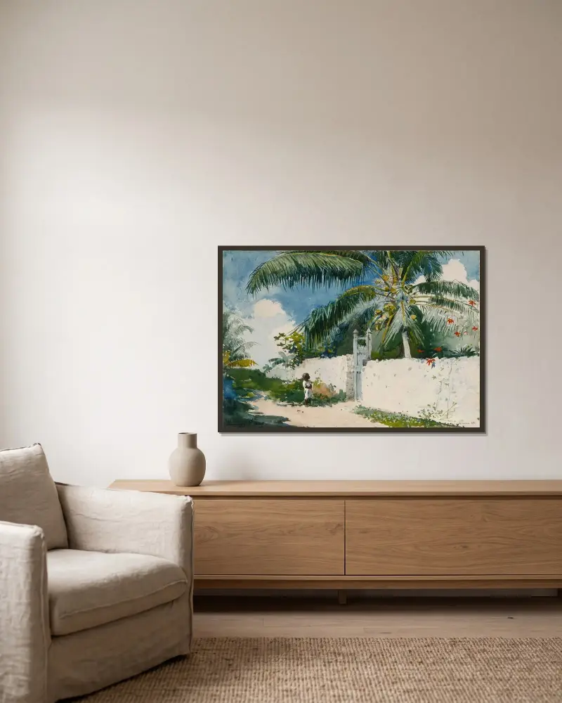 En trädgård i Nassau av Winslow Homer inramad på en vägg