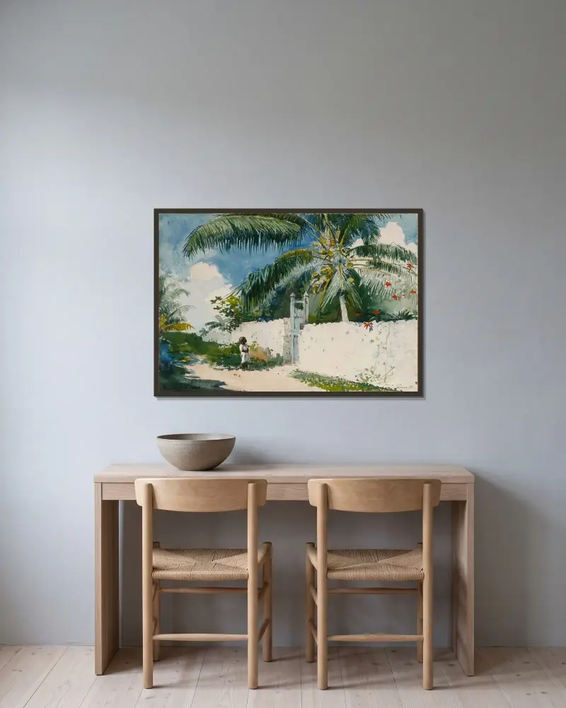 En trädgård i Nassau av Winslow Homer inramad på en vägg