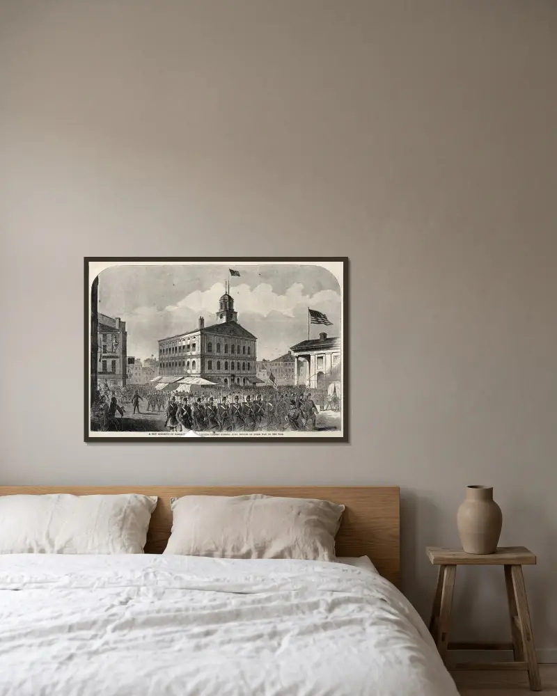Ett nytt regemente frivilliga från Massachusetts passerar Faneuil Hall, Boston, på väg till kriget av Winslow Homer inramad på en vägg