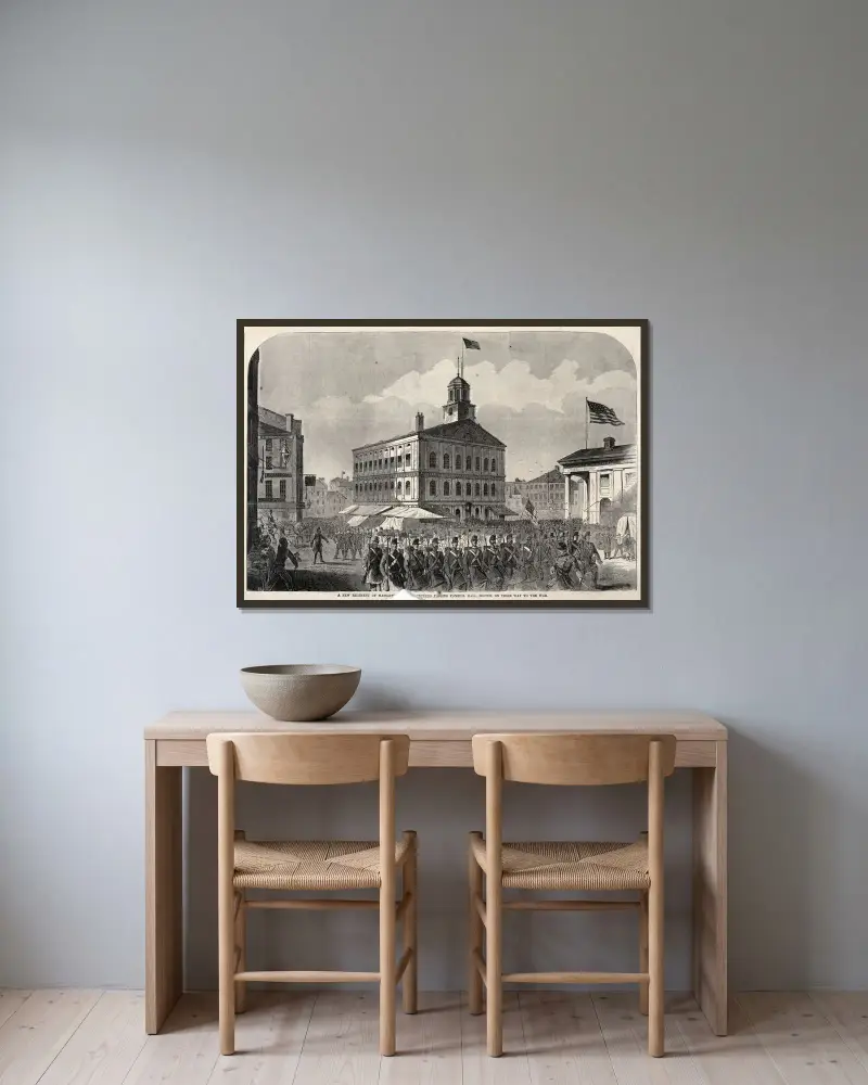 Ett nytt regemente frivilliga från Massachusetts passerar Faneuil Hall, Boston, på väg till kriget av Winslow Homer inramad på en vägg