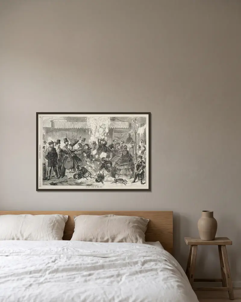 En snökana i staden av Winslow Homer inramad på en vägg