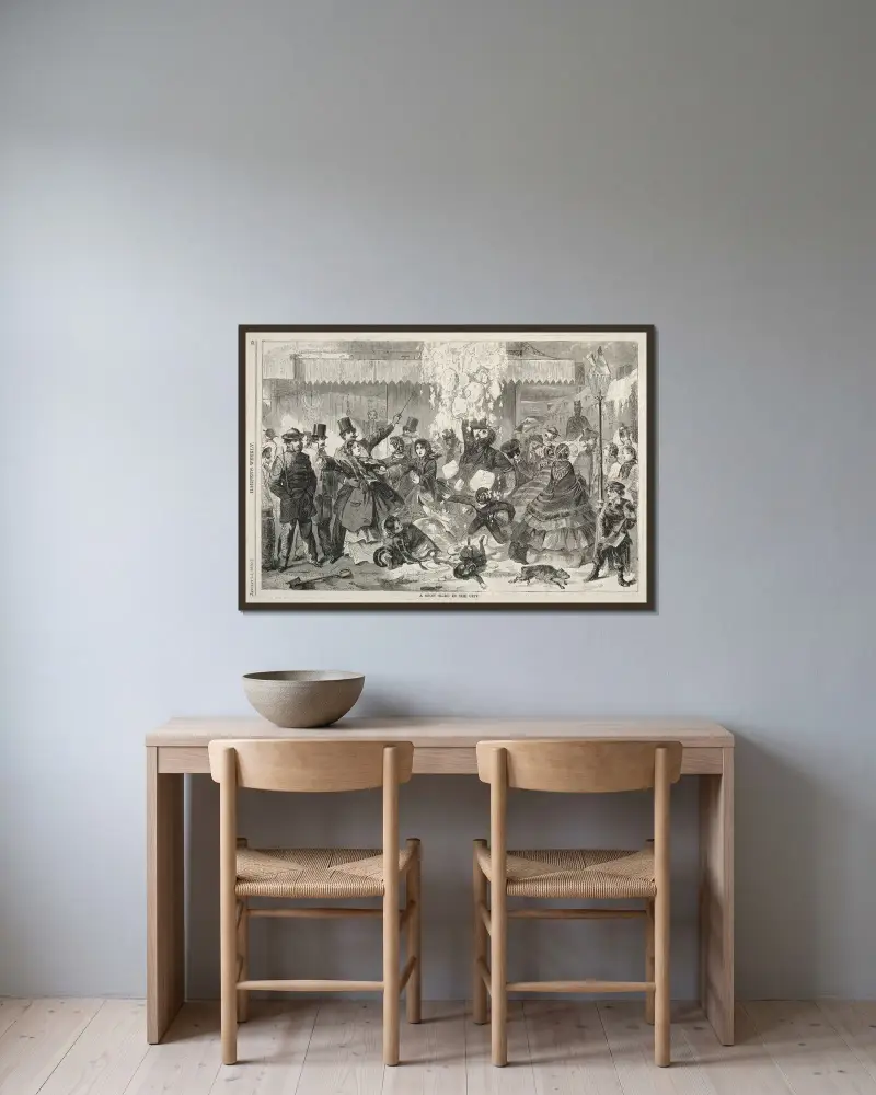 En snökana i staden av Winslow Homer inramad på en vägg