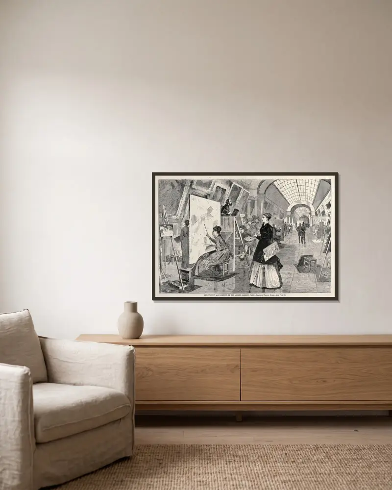 Konststudenter och kopister i Louvrens galleri, Paris av Winslow Homer inramad på en vägg
