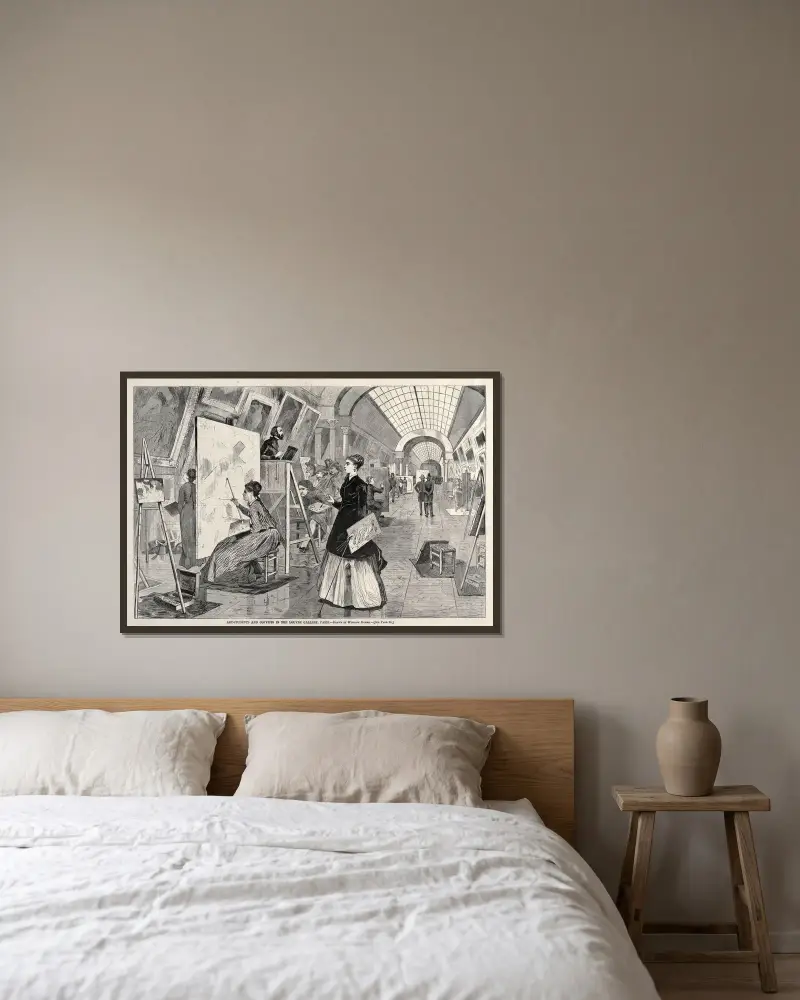 Konststudenter och kopister i Louvrens galleri, Paris av Winslow Homer inramad på en vägg
