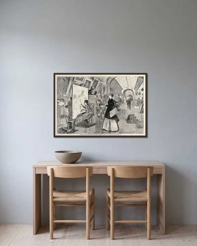Konststudenter och kopister i Louvrens galleri, Paris av Winslow Homer inramad på en vägg