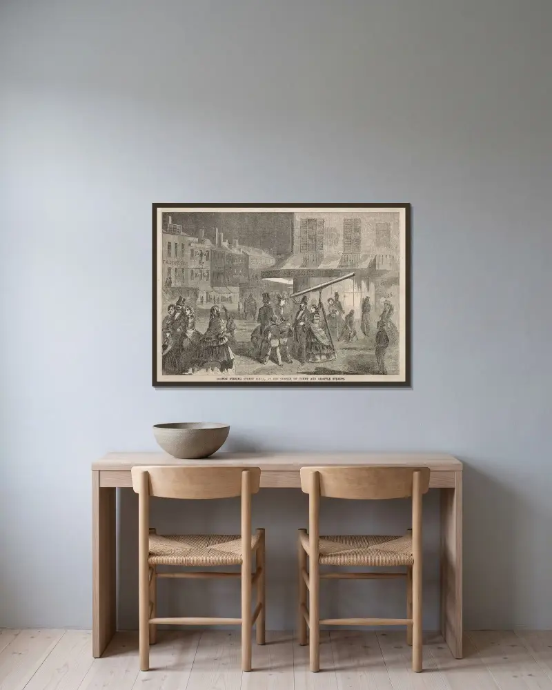 Kvällsscen i Boston, vid hörnet av Court Street och Brattle Street av Winslow Homer inramad på en vägg