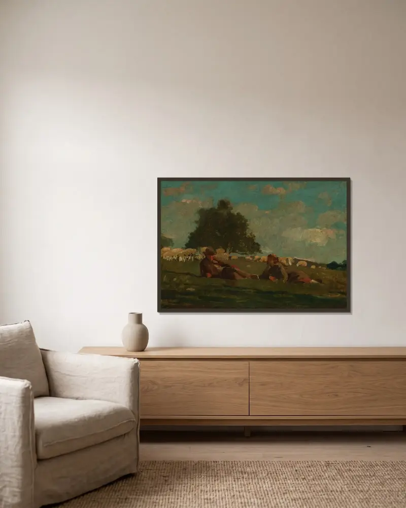 Pojke och flicka på en äng med får av Winslow Homer inramad på en vägg