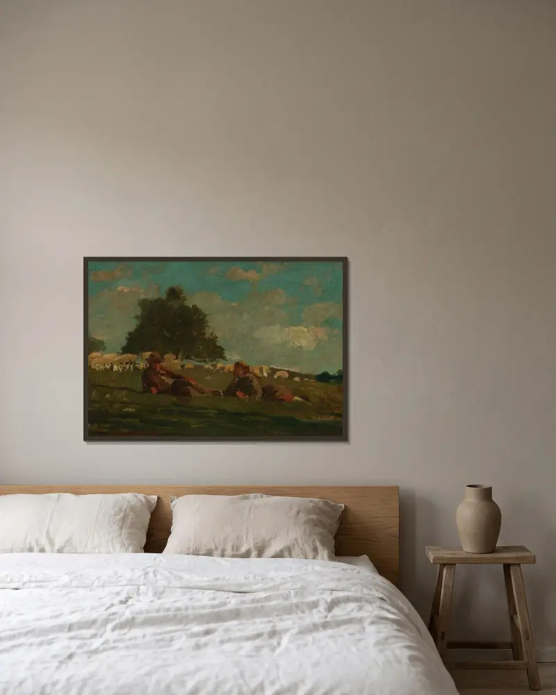 Pojke och flicka på en äng med får av Winslow Homer inramad på en vägg