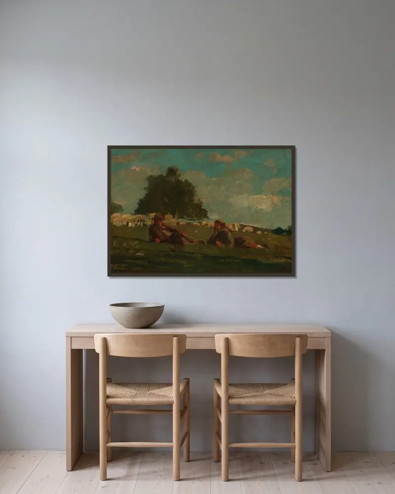 Pojke och flicka på en äng med får av Winslow Homer inramad på en vägg