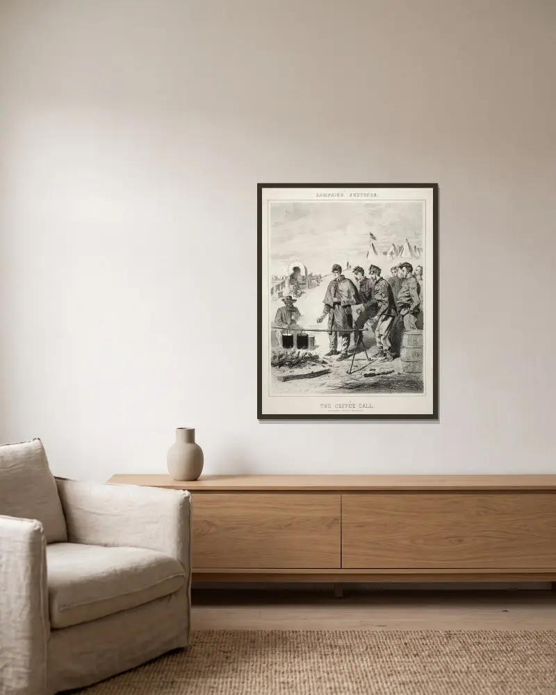 Kriegsskizzen; Der Kaffeeruf von Winslow Homer gerahmt an einer Wand