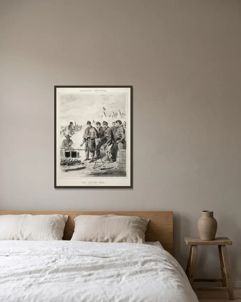 Kriegsskizzen; Der Kaffeeruf von Winslow Homer gerahmt an einer Wand