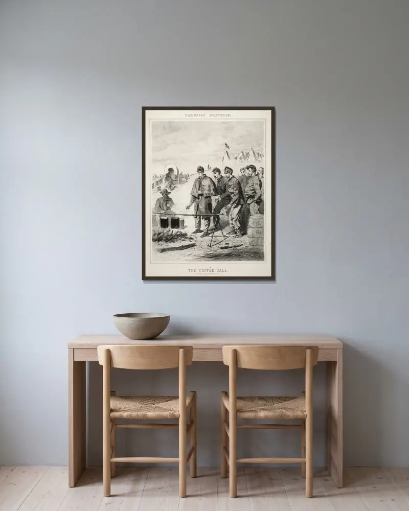 Kriegsskizzen; Der Kaffeeruf von Winslow Homer gerahmt an einer Wand