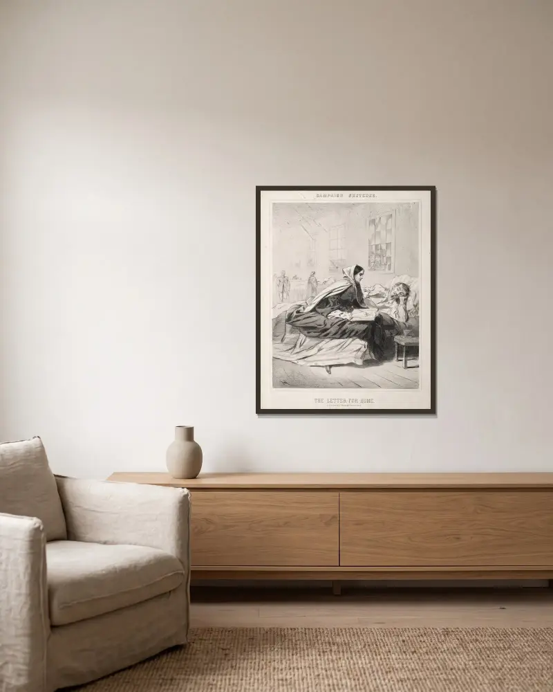 Feldskizzen; Der Brief nach Hause von Winslow Homer gerahmt an einer Wand