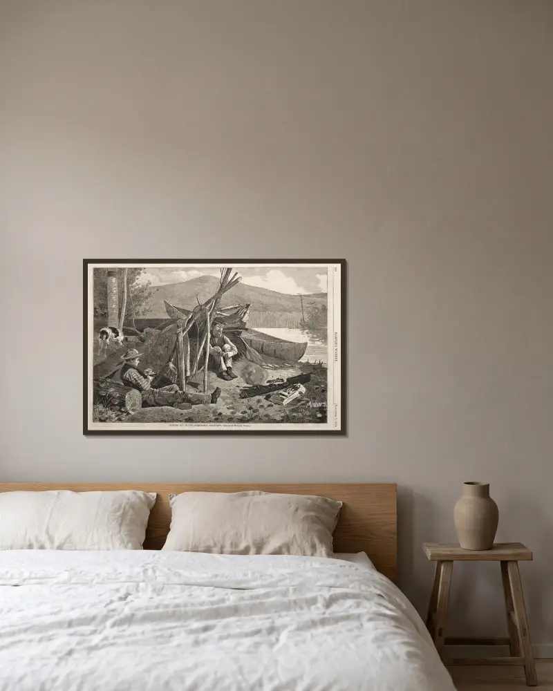 Camping i Adirondackbergen av Winslow Homer inramad på en vägg