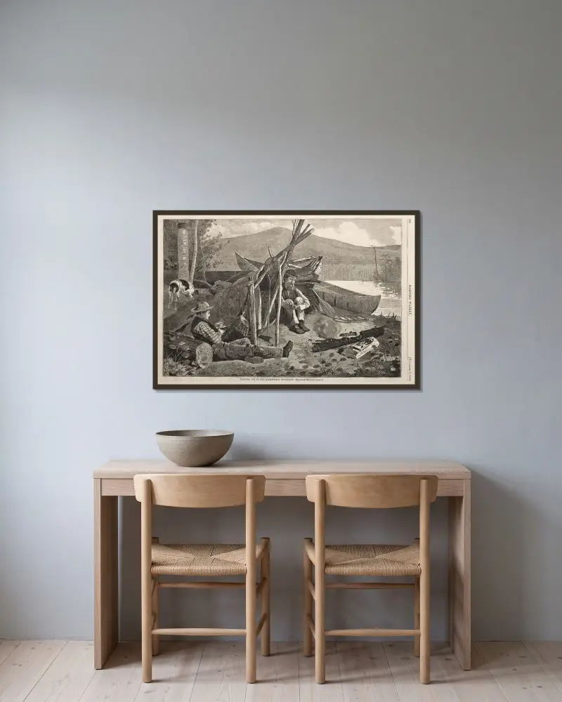 Camping i Adirondackbergen av Winslow Homer inramad på en vägg
