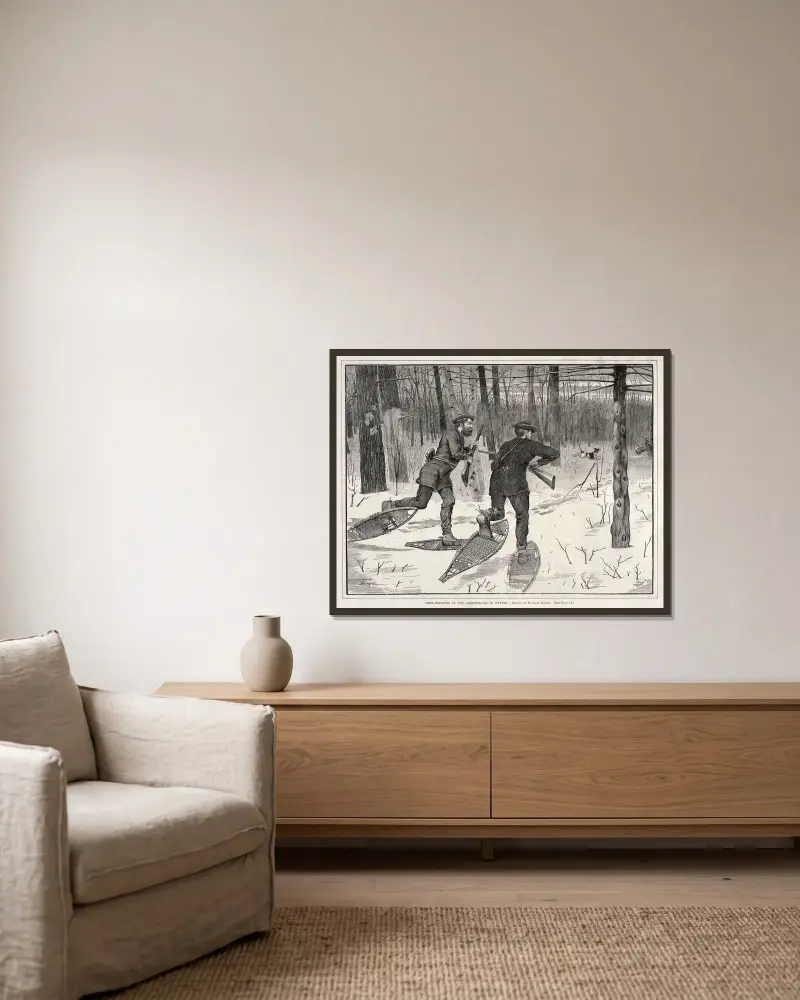 Hjortjakt i Adirondacks på vintern av Winslow Homer inramad på en vägg