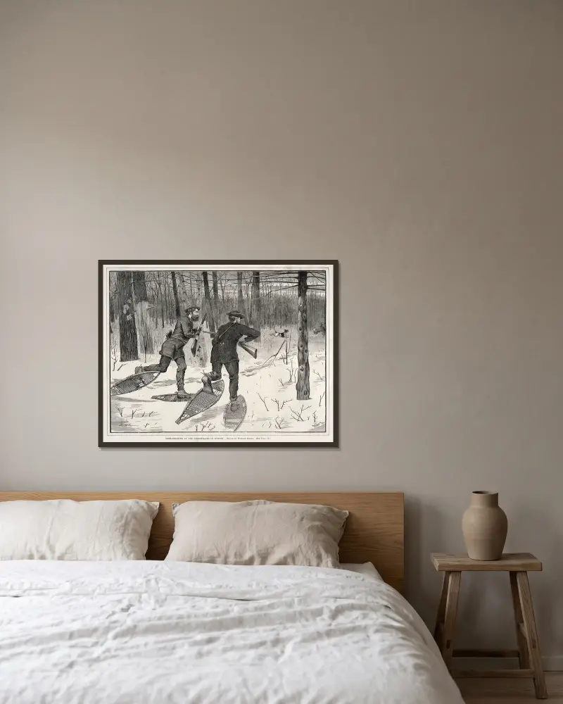 Hjortjakt i Adirondacks på vintern av Winslow Homer inramad på en vägg