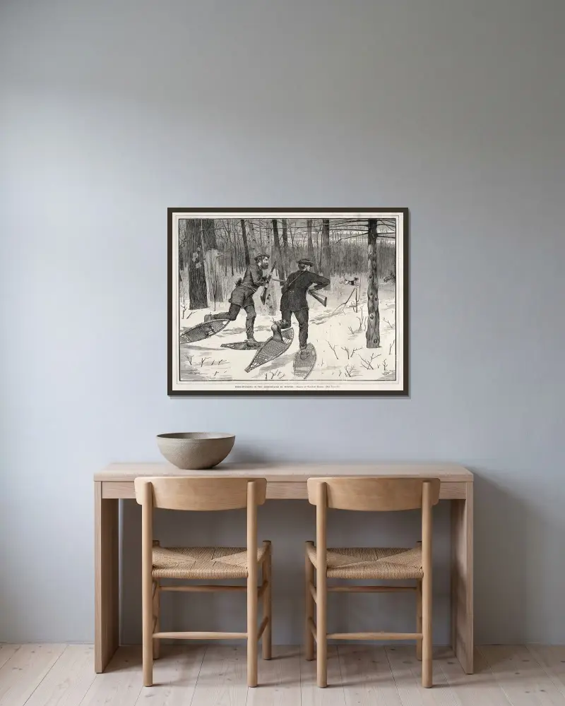 Hjortjakt i Adirondacks på vintern av Winslow Homer inramad på en vägg