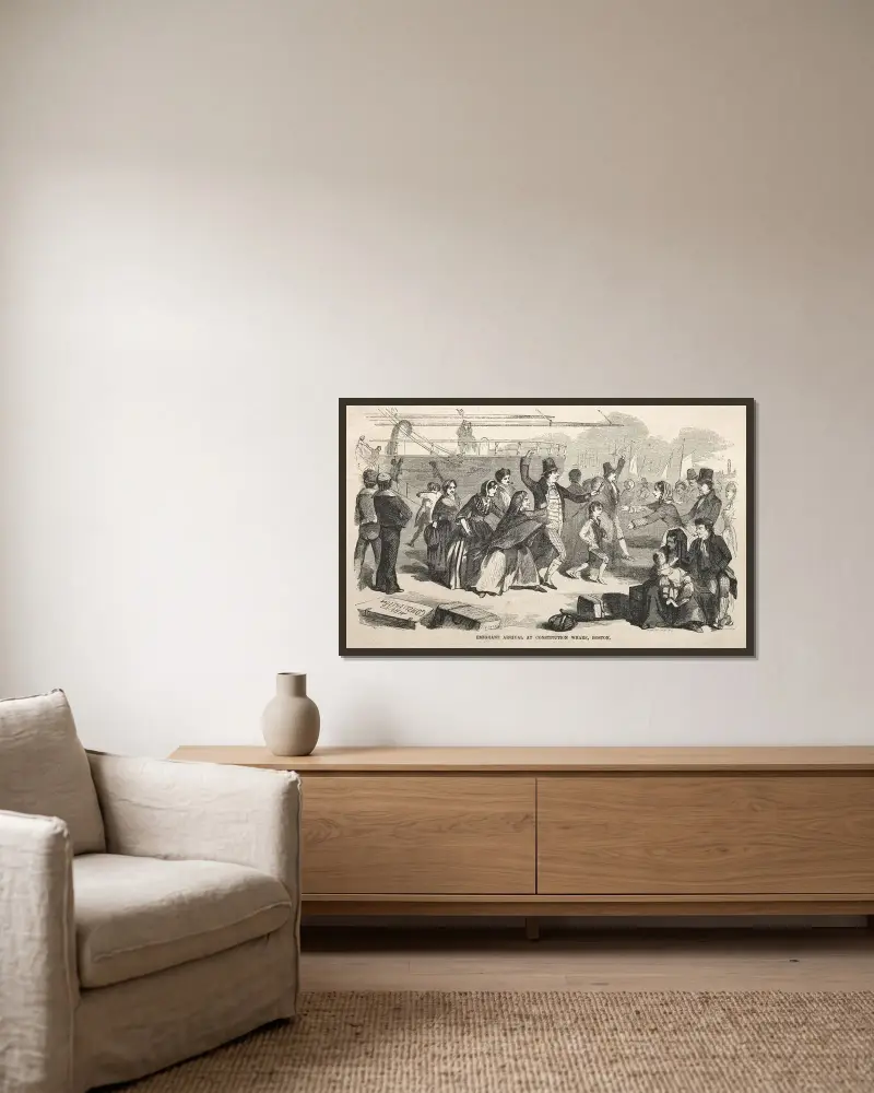Emigranter anländer till Constitution Wharf, Boston av Winslow Homer inramad på en vägg