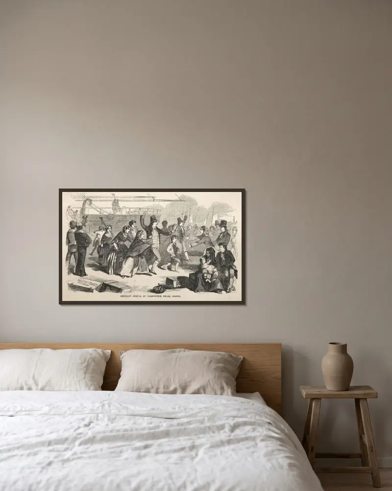 Emigranter anländer till Constitution Wharf, Boston av Winslow Homer inramad på en vägg