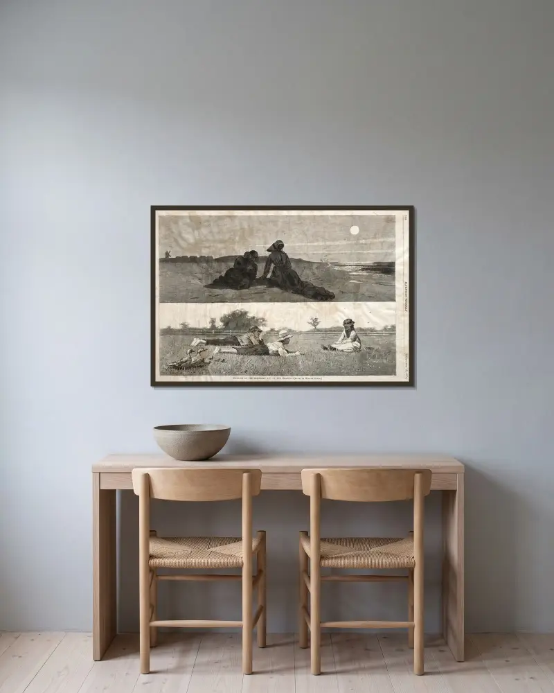 Flört på havsstranden och på ängen av Winslow Homer inramad på en vägg